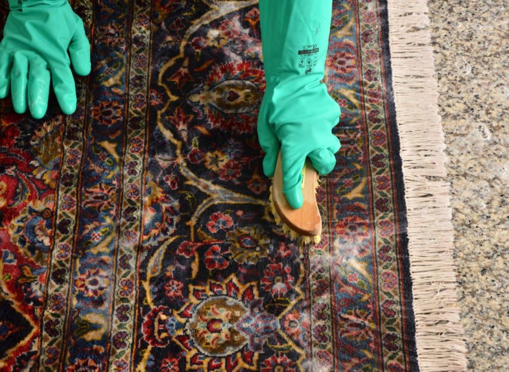 A person in gloves is engaged in cleaning an area rug, showcasing a Fresno, CA rug cleaning service.