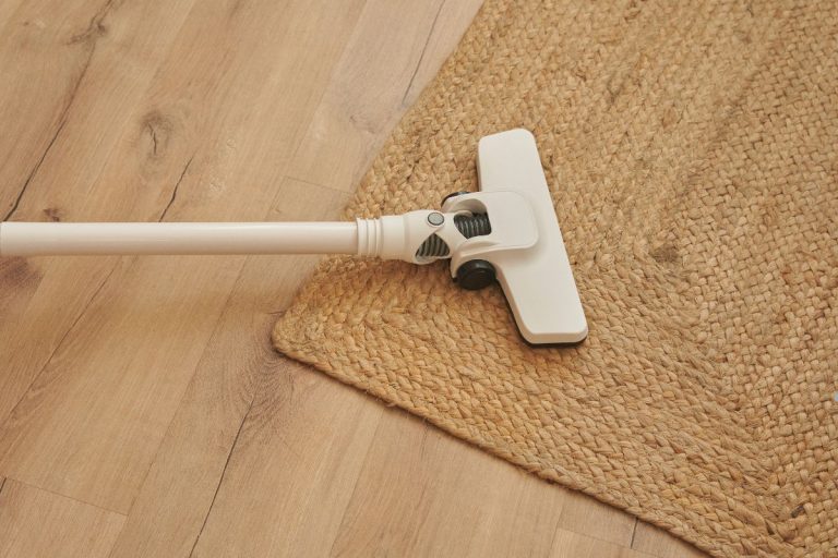 A vacuum cleaner positioned on a wooden floor, showcasing its sleek design and functionality in a home setting.